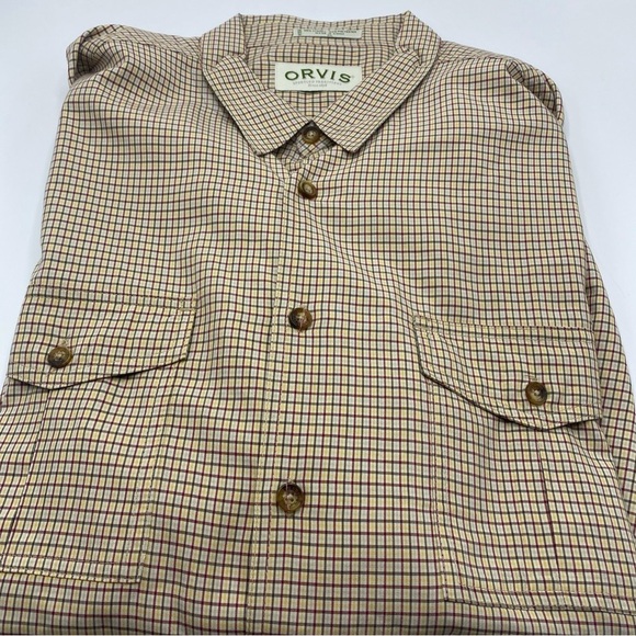 Orvis Men’s Extra Large Plaid Long Sleeve Shirt RN#70534 XL Beige Yellow Button - Picture 7 of 8